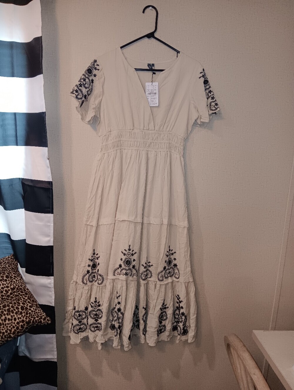 L.O.V. Bohemian Cream Maxi Dress with Black Embroidery Sz S
